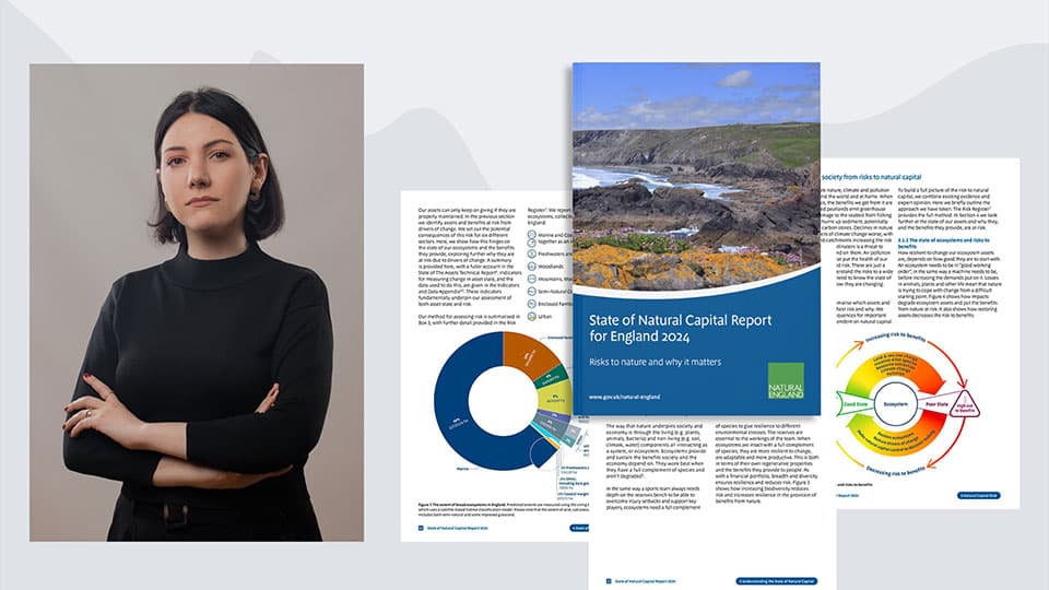 A portrait photo of Marianna which is next to a screenshot of the cover of the State of Natural Capital report by Natural England
